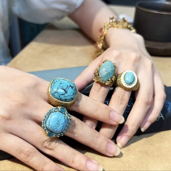 Antique Couture Turquoise Cocktail Ring 18K Gold Finish with Diamond-Style Halo - Picture 2 of 5